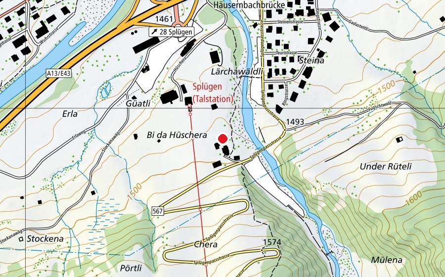 Map showing the location of Curling-Natureisfeld Hüschera Splügen (Ice rink)