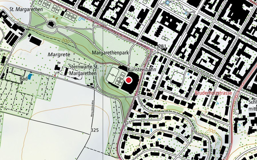 Map showing the location of Kunsteisbahn Margarethen (Ice rink)