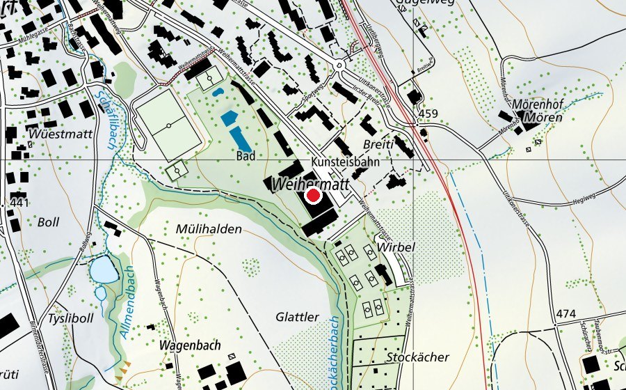 Map showing the location of Kunsteisbahn Urdorf (Ice rink)