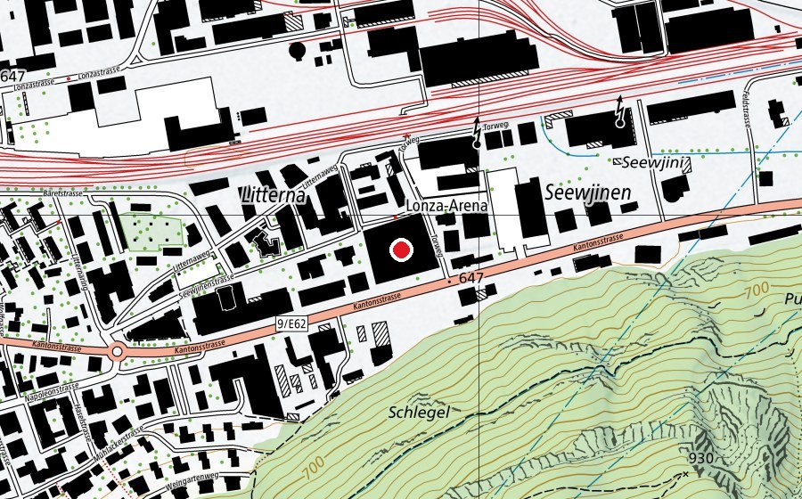 Map showing the location of LONZA Arena (Ice rink)