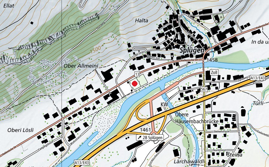 Map showing the location of Natureisfeld Splügen Dorf (Ice rink)