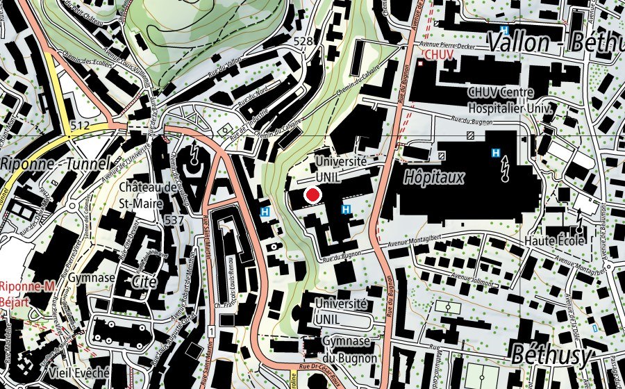 Mappa con la posizione di Décanat de la Faculté de Biologie et de Médecine (Scuola universitaria)