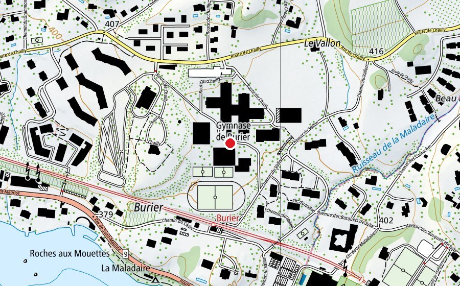Map showing the location of Gymnase de Burier (University)