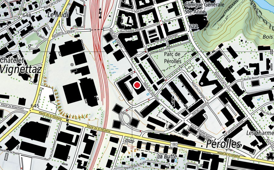 Map showing the location of Hes-so - HEdS-FR - HETS-FR - EF TS - FHF-SA und HfG-FR (University)