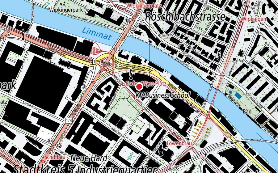 Map showing the location of KV Zürich Wirtschaftsschule (University)