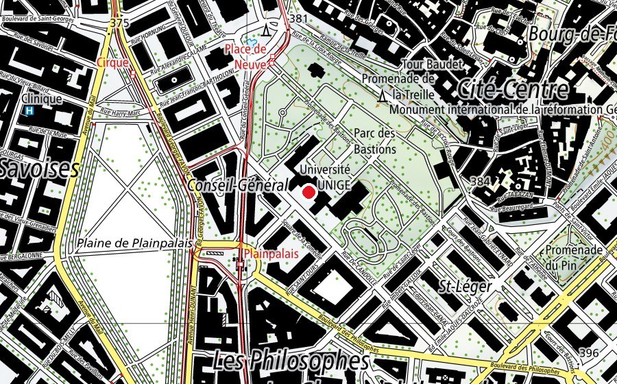 Carte indiquant l’emplacement de Université de Genève - Uni Bastions (bâtiment principal) (Haute école)