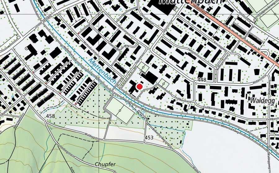 Map showing the location of Betreuung Mattenbach (Kindergarten)
