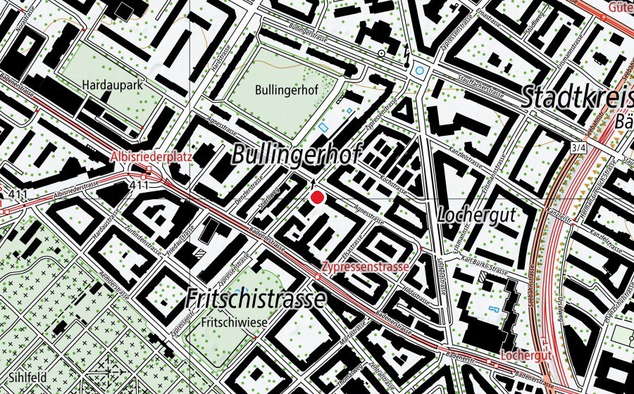 Carte indiquant l’emplacement de Güxi Kinderkrippe Albisriederplatz Ost (École enfantine)