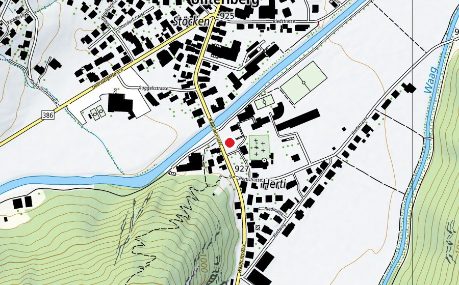 Carte indiquant l’emplacement de Kindergarten 1+2 altes Schulhaus Unteriberg (École enfantine)