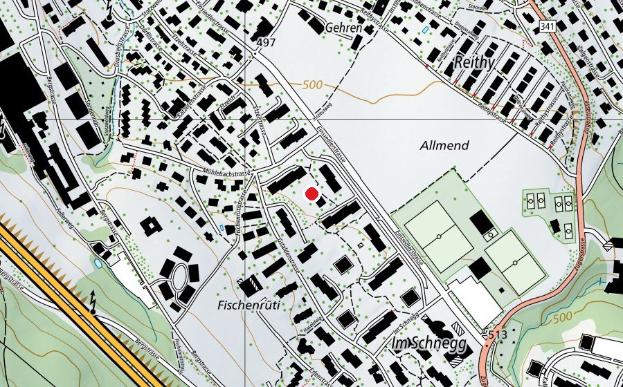 Map showing the location of Kindergarten Allmend 1+2+3 (Kindergarten)