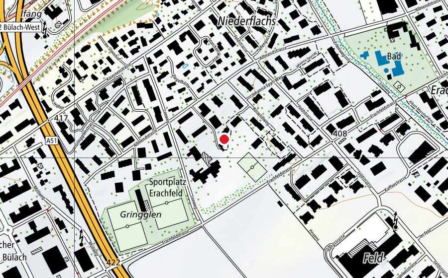 Mappa con la posizione di Kindergarten Allmend 1 - 5 + 7 (Scuola dell’infanzia)