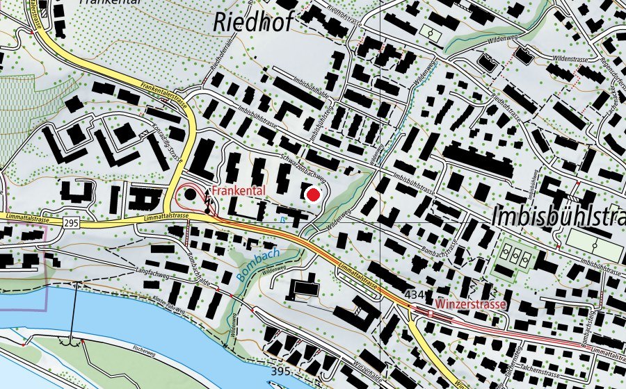 Carte indiquant l’emplacement de Kindergarten Bombach 1 + 2 (École enfantine)