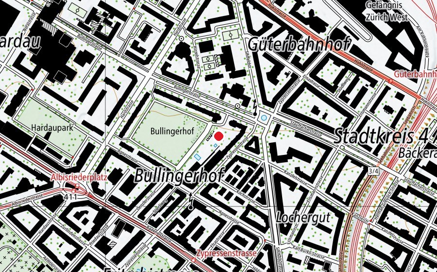 Carte indiquant l’emplacement de Kindergarten Bullingerhof 1+2 und Horte (École enfantine)