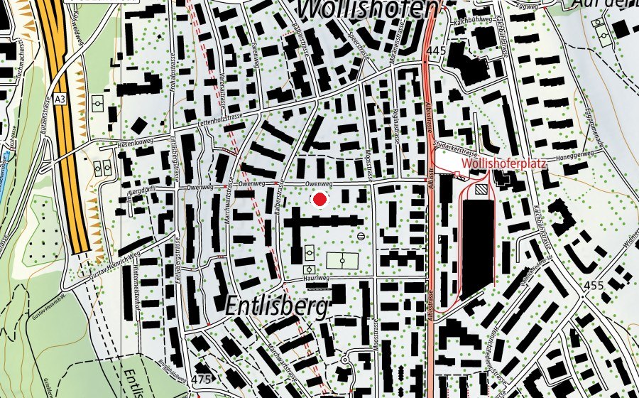 Carte indiquant l’emplacement de Kindergarten Entlisberg Pavillon 1+2 (École enfantine)