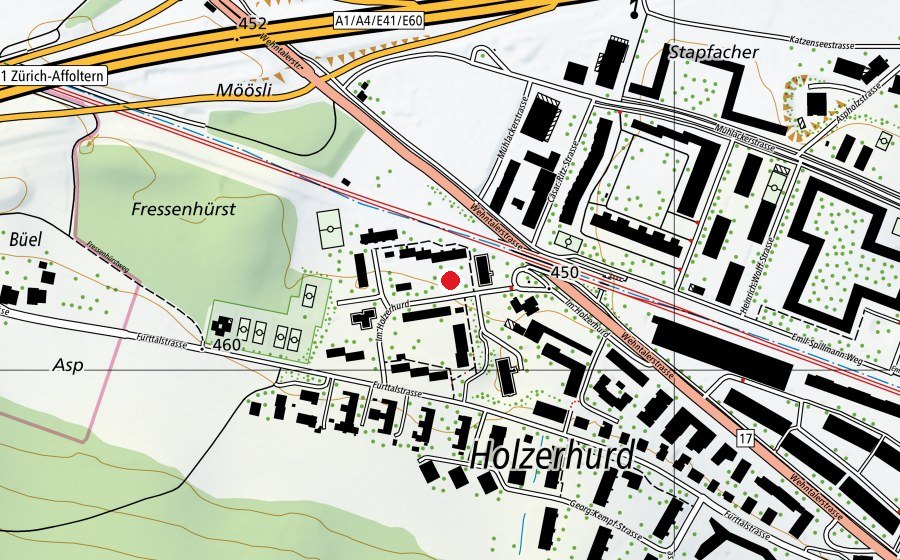 Carte indiquant l’emplacement de Kindergarten Holzerhurd (École enfantine)