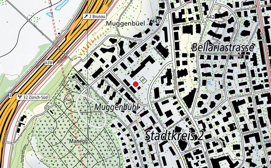 Carte indiquant l’emplacement de Kindergarten Manegg I – III (École enfantine)