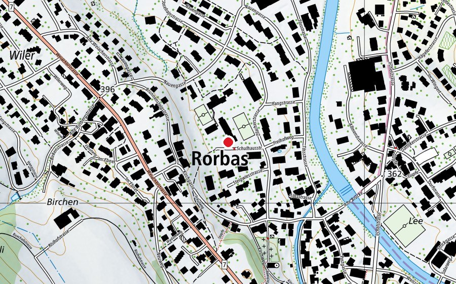 Carte indiquant l’emplacement de Kindergarten Rorbas 1+2 (École enfantine)