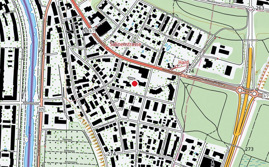 Map showing the location of Kindergarten Scheuerrain Schulhaus (Kindergarten)
