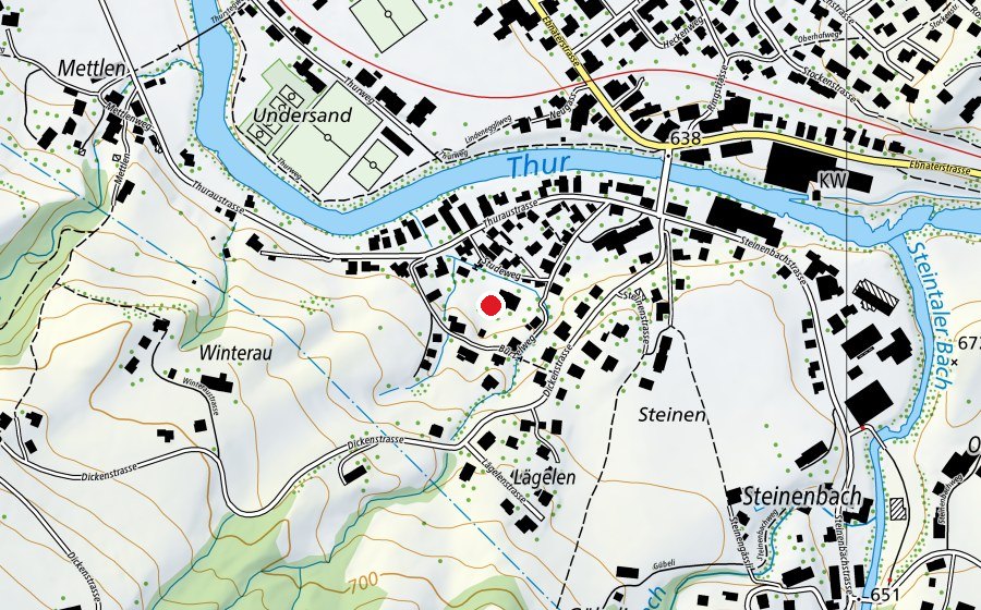 Map showing the location of Kindergarten Thurau + Dorfspielgruppe Schnäggehüsli (Kindergarten)
