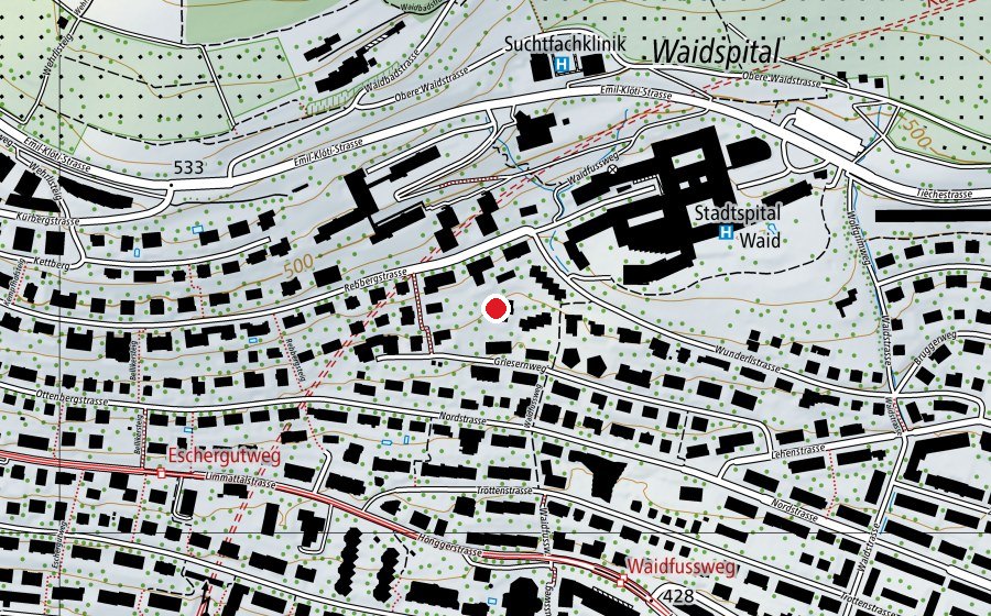 Mappa con la posizione di Kindergarten Waidfussweg 1+2 (Scuola dell’infanzia)