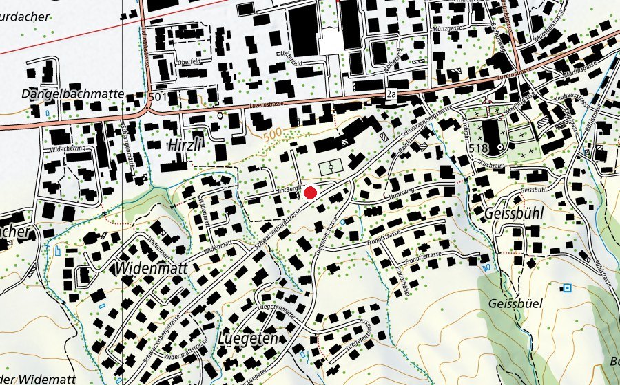 Map showing the location of Spiel- u. Malgruppe Zwärgehus (Kindergarten)