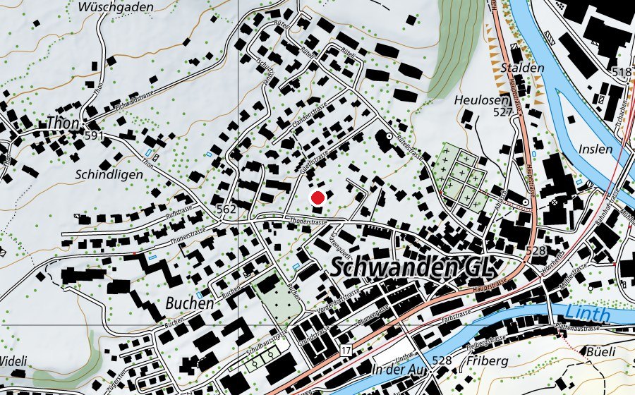 Carte indiquant l’emplacement de Spielplatz Schwanden, beim Kindergarten und der Kinderburg (École enfantine)
