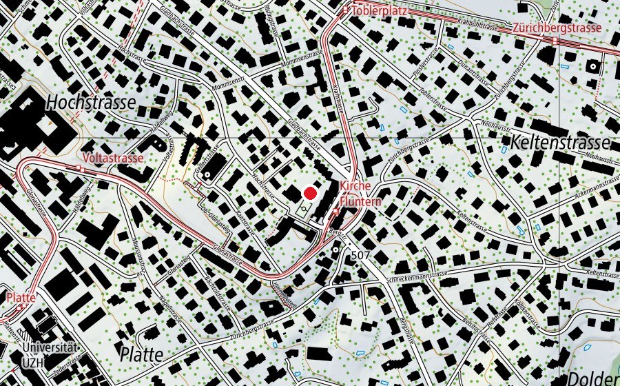 Map showing the location of Kinderhort Fluntern Pavillon (Childcare)