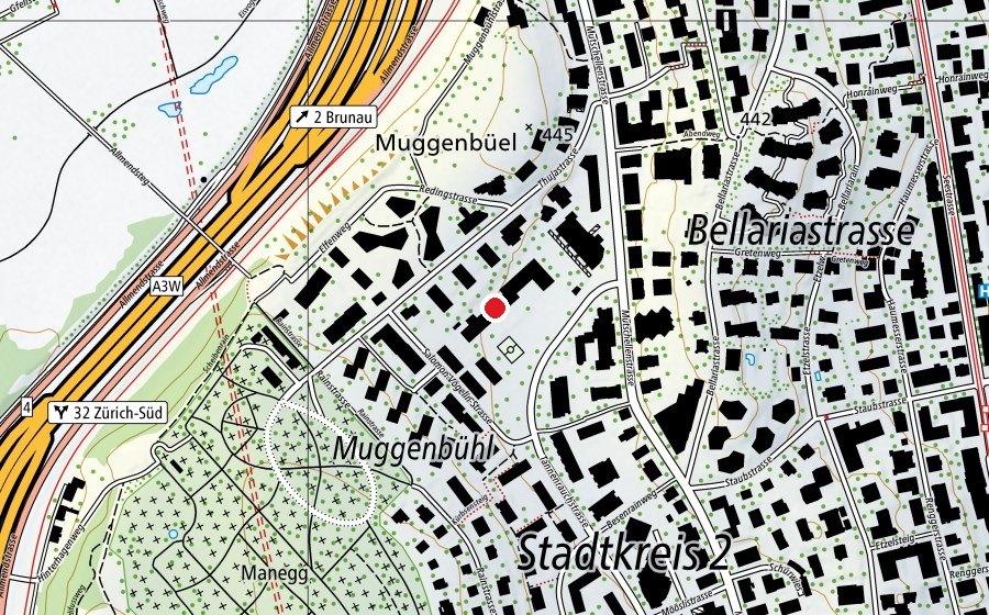 Map showing the location of Kinderhort Manegg 1 bis 7 (Childcare)