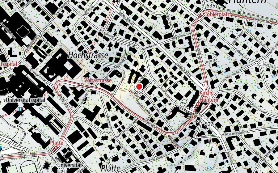 Carte indiquant l’emplacement de Mittag-/Abendhort Fluntern 4+5 (Crèche)