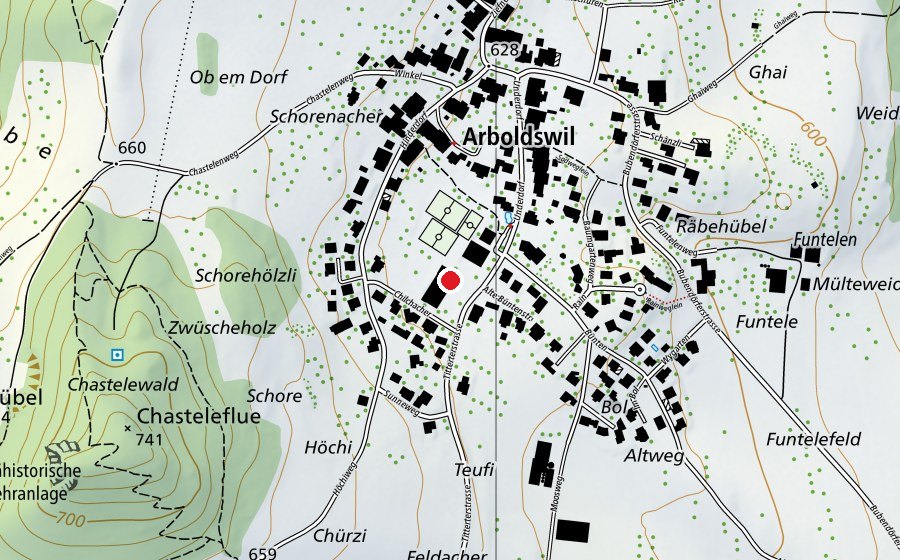 Carte indiquant l’emplacement de Dorfschule und Sporthalle (École)