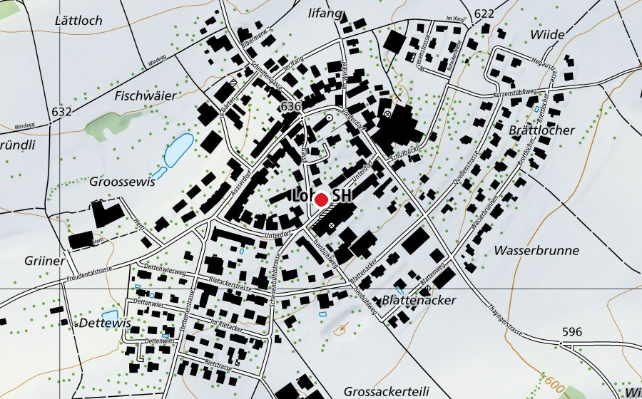 Map showing the location of Dorfschulhaus Lohn (School)