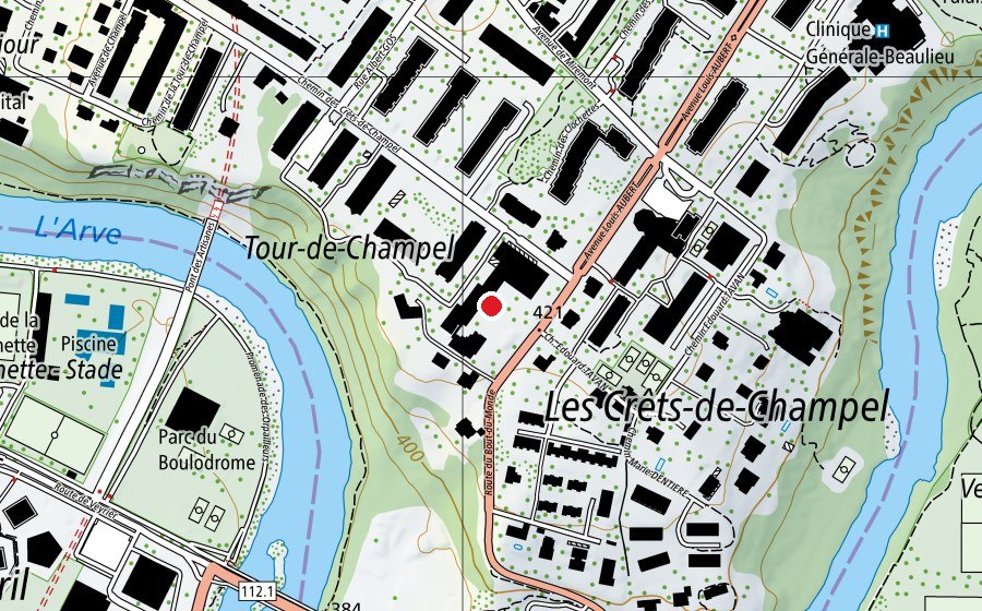 Karte mit dem Standort von Ecole des Crêts-de-Champel (Schule)