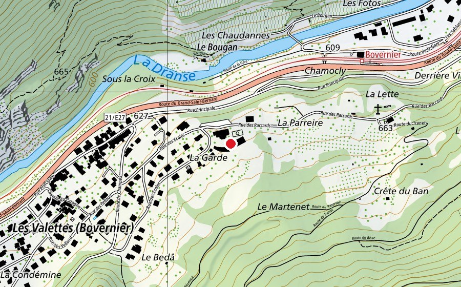 Carte indiquant l’emplacement de Ecole primaire de Bovernier (École)