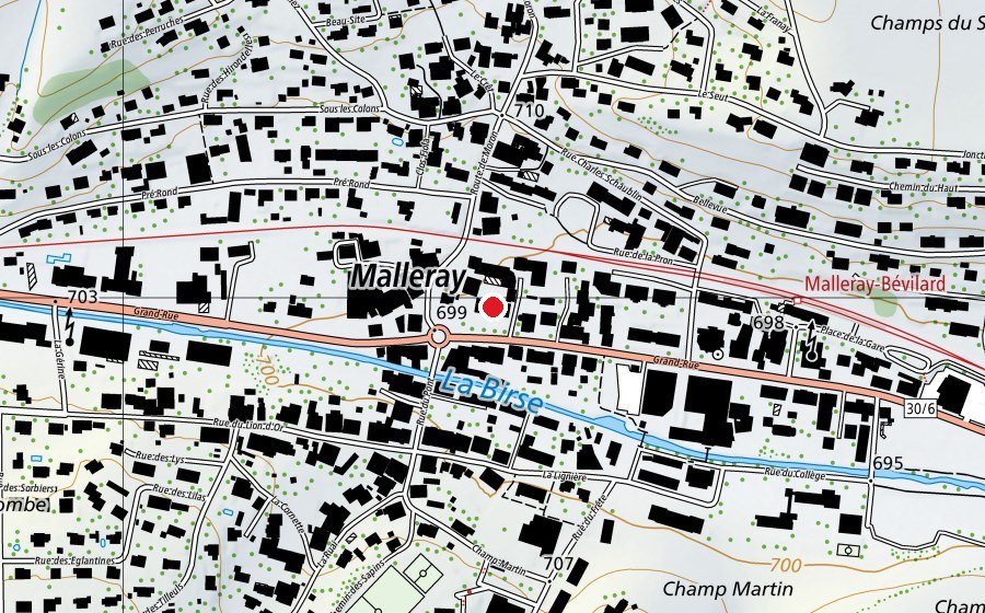 Carte indiquant l’emplacement de Ecole Primaire de Malleray (École)