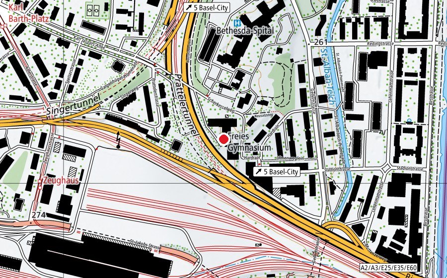 Carte indiquant l’emplacement de Freies Gymnasium Basel (École)