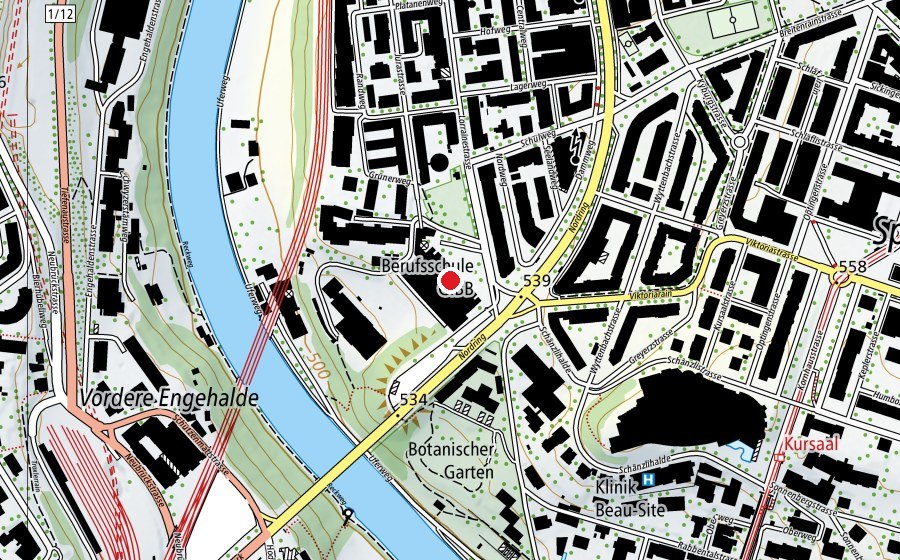 Map showing the location of Gewerbeschule (School)