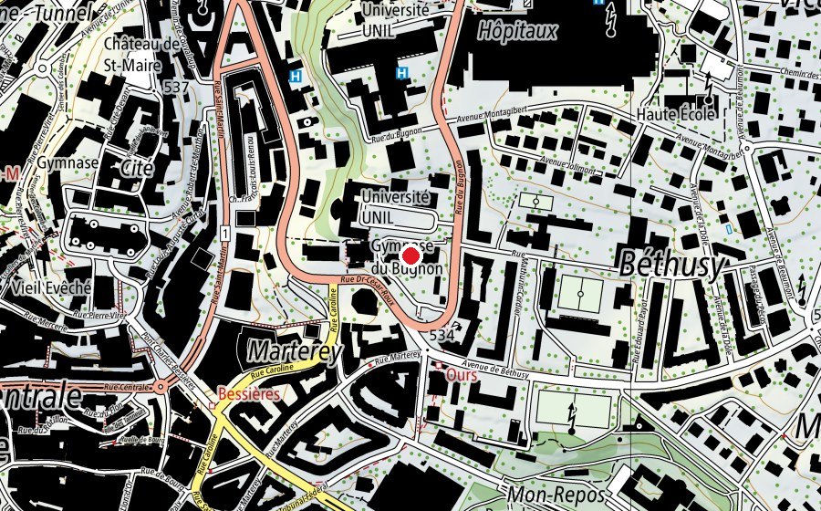 Karte mit dem Standort von Gymnase cantonal du Bugnon (Schule)