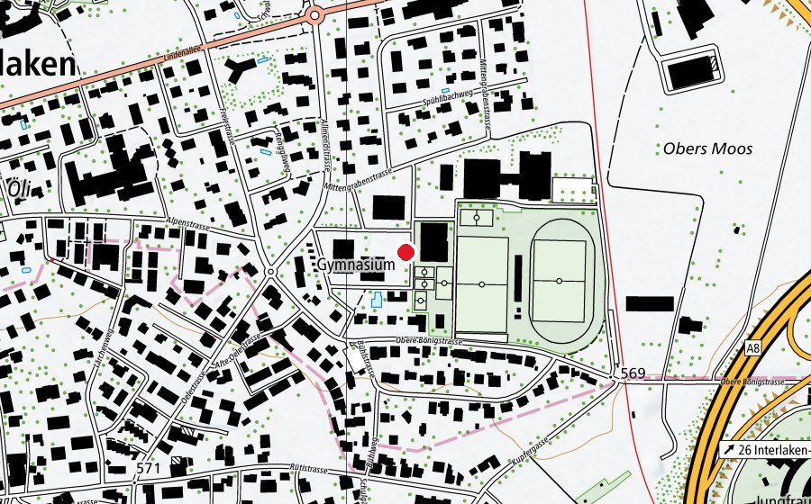 Map showing the location of Gymnasium Interlaken (School)