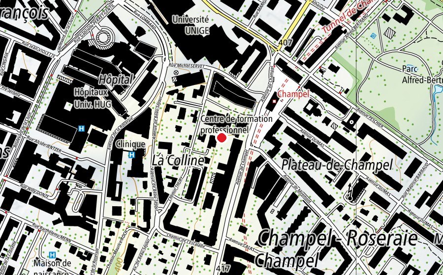 Karte mit dem Standort von Haute école de santé de Genève - site Champel (Schule)