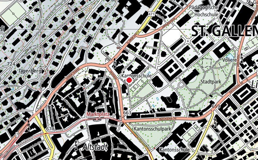 Carte indiquant l’emplacement de Kantonsschule am Brühl (École)