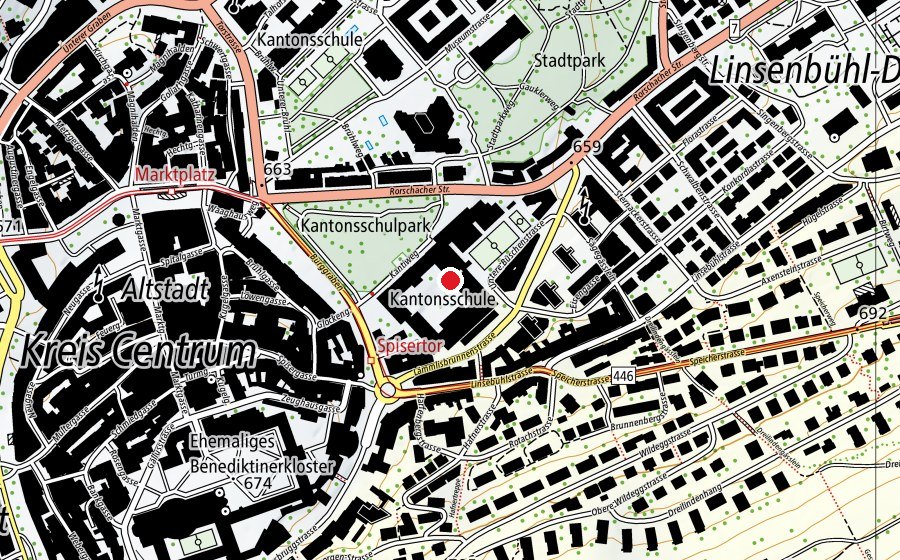 Carte indiquant l’emplacement de Kantonsschule am Burggraben (École)