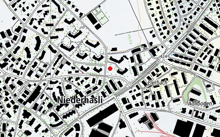 Map showing the location of Kindergarten Huebwiesen (School)