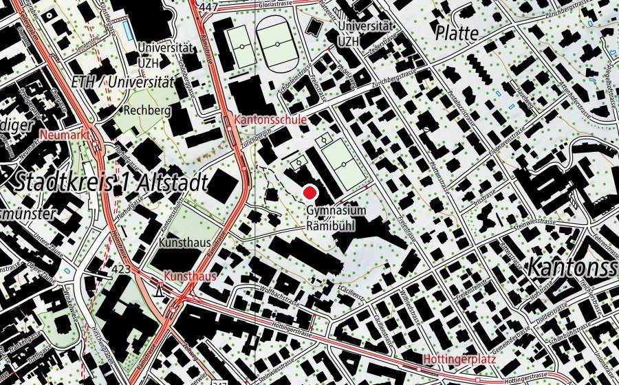 Map showing the location of Mathematisch-Naturwissenschaftliches Gymnasium Rämibühl (School)