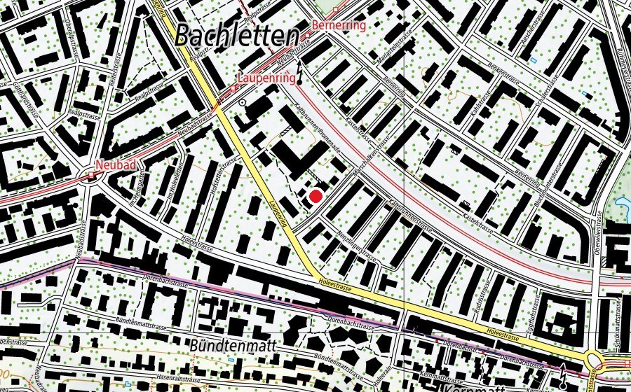 Map showing the location of Neubad-Schulhaus Bau Süd (School)