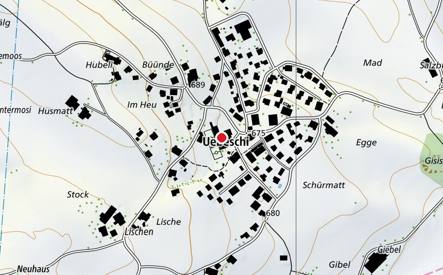 Map showing the location of Neues Schulhaus Uebeschi / MZG (School)