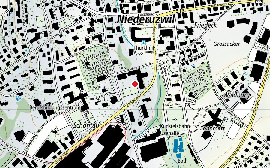Karte mit dem Standort von Oberstufe Uzeschuel / Primarschule Kirchstrasse (Schule)
