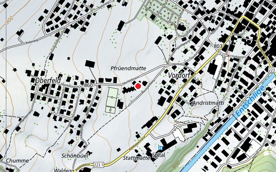 Map showing the location of Oberstufenschule Frutigen (School)