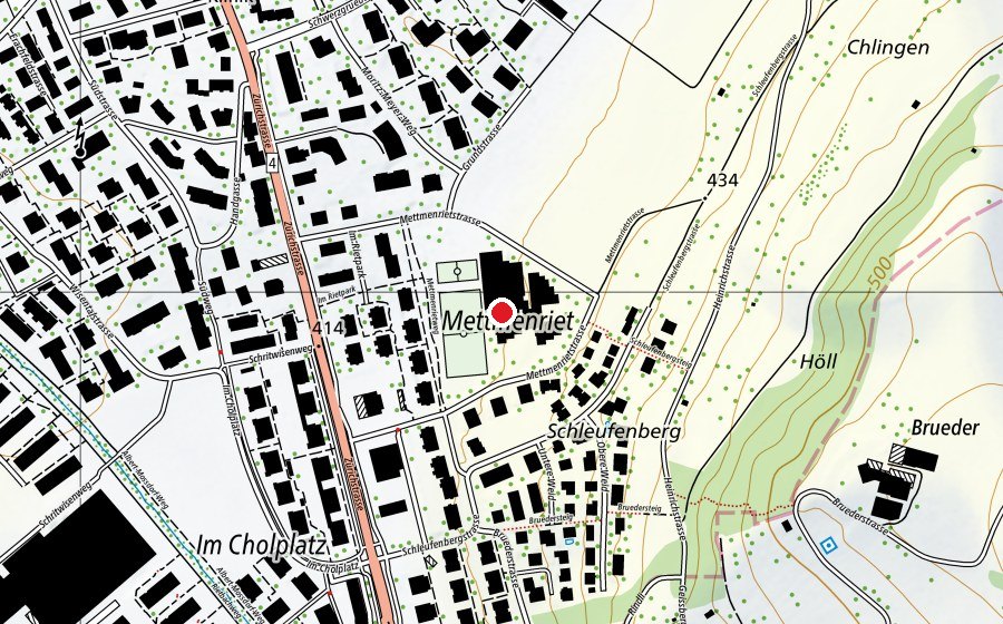 Mappa con la posizione di Oberstufenschulhaus Mettmenriet (Scuola)