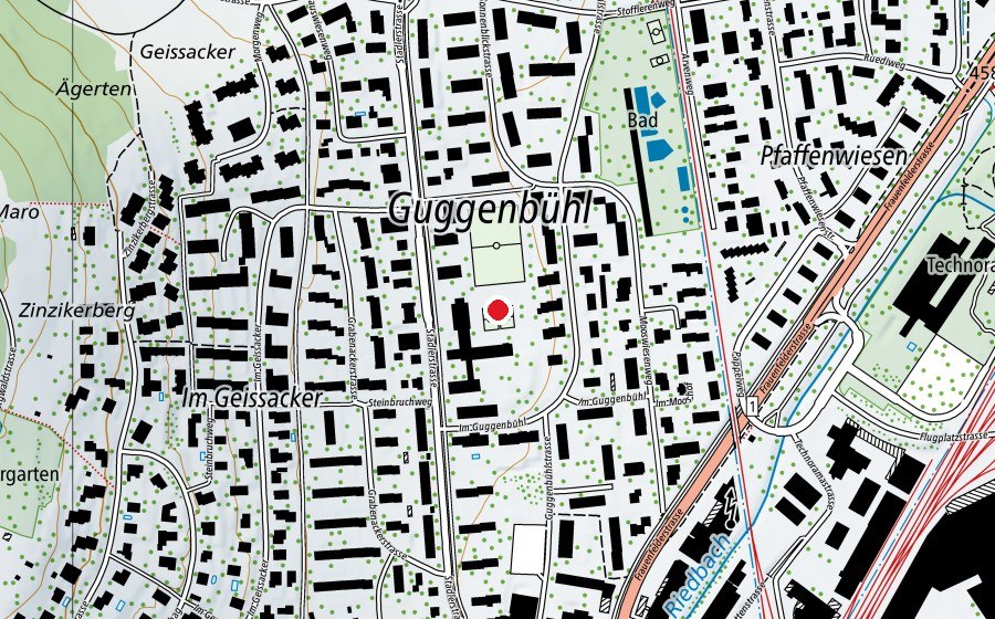 Map showing the location of Primarschule Guggenbühl (School)