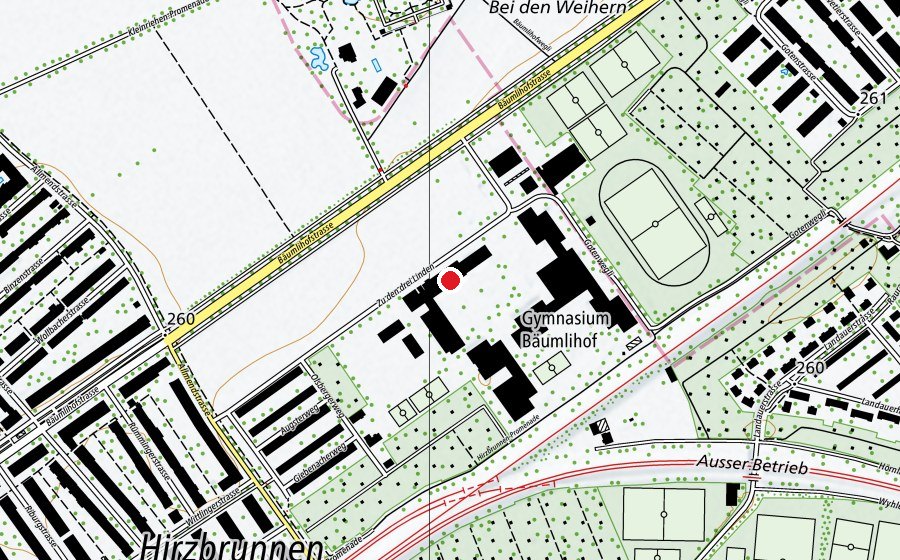 Map showing the location of Primarschule Hirzbrunnen (School)